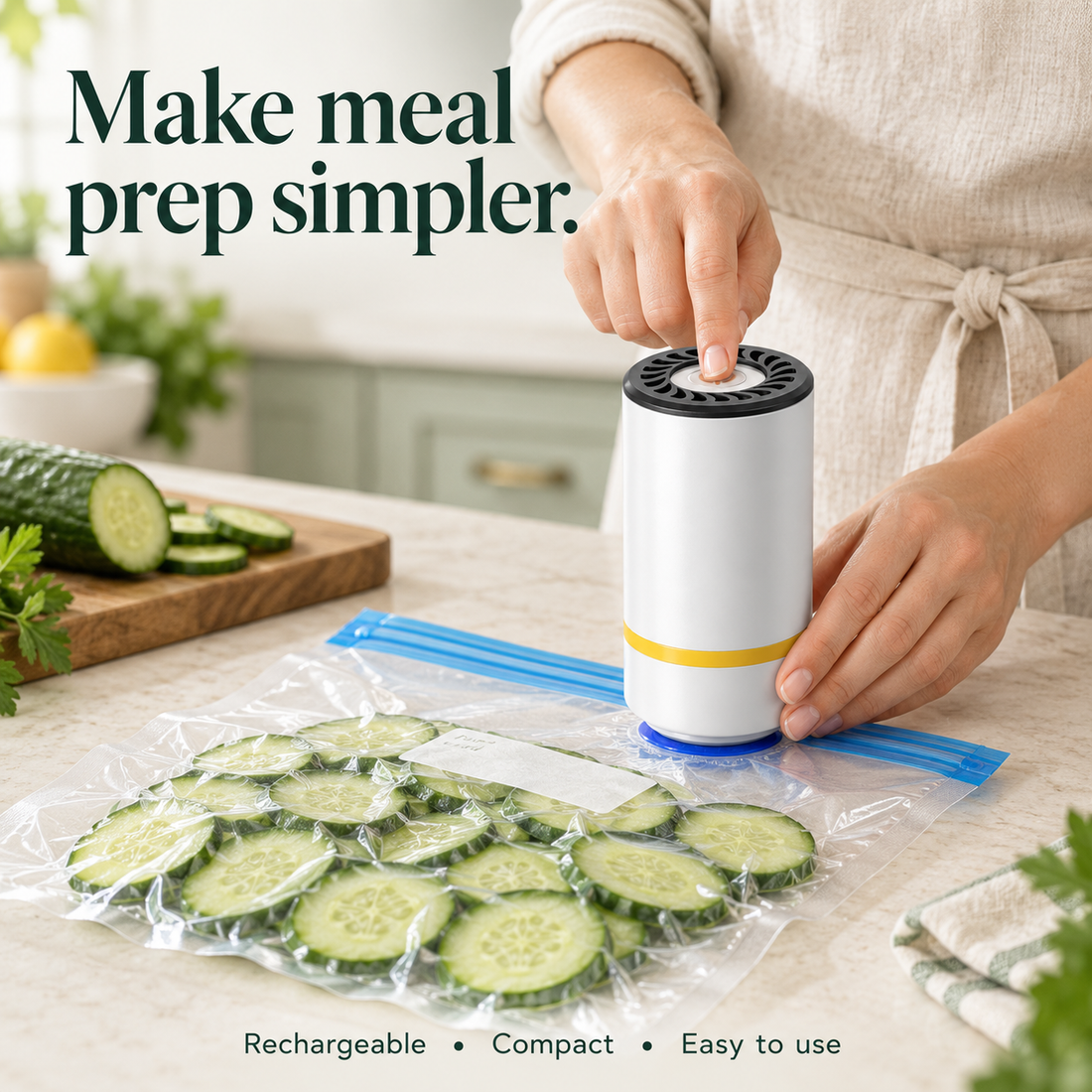 Using the compact vacuum sealer on a valve bag during meal prep