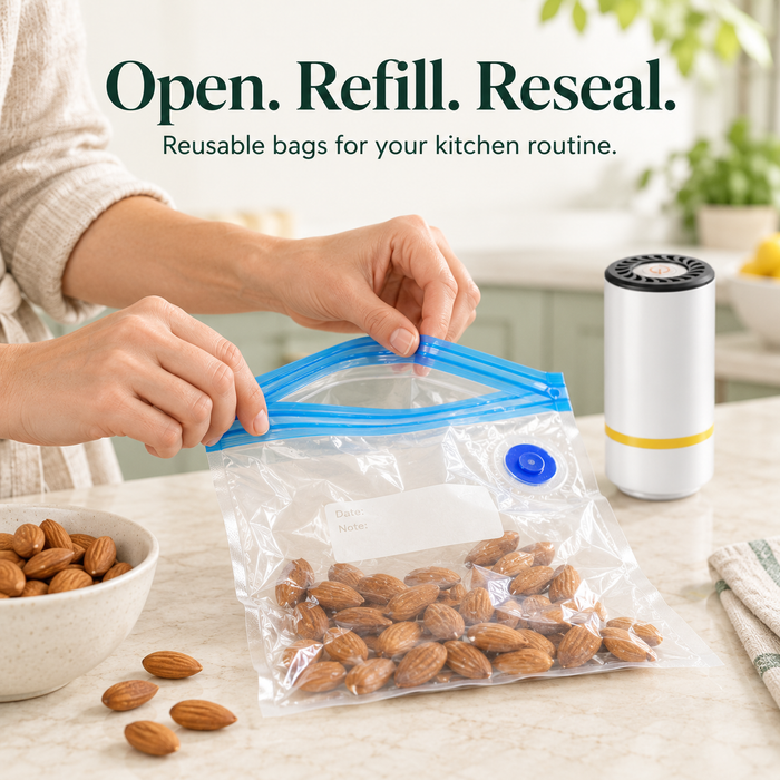 Reusable food bags with blue zippers and vacuum valves