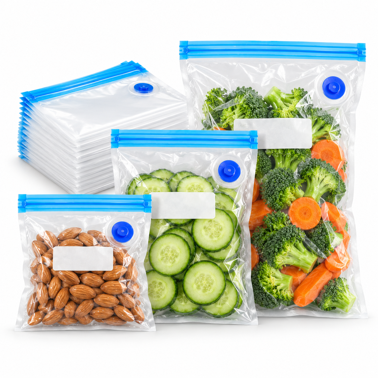 Small, medium and large blue-zipper vacuum bags with food shown for illustration