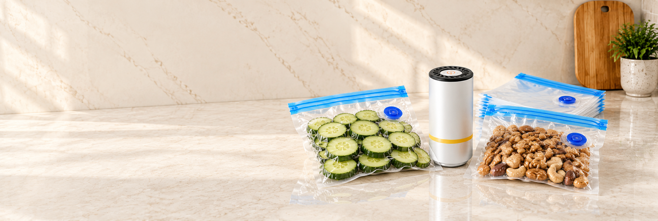 Compact silver vacuum pump and blue-zipper food bags with cucumbers and nuts on a light stone kitchen counter