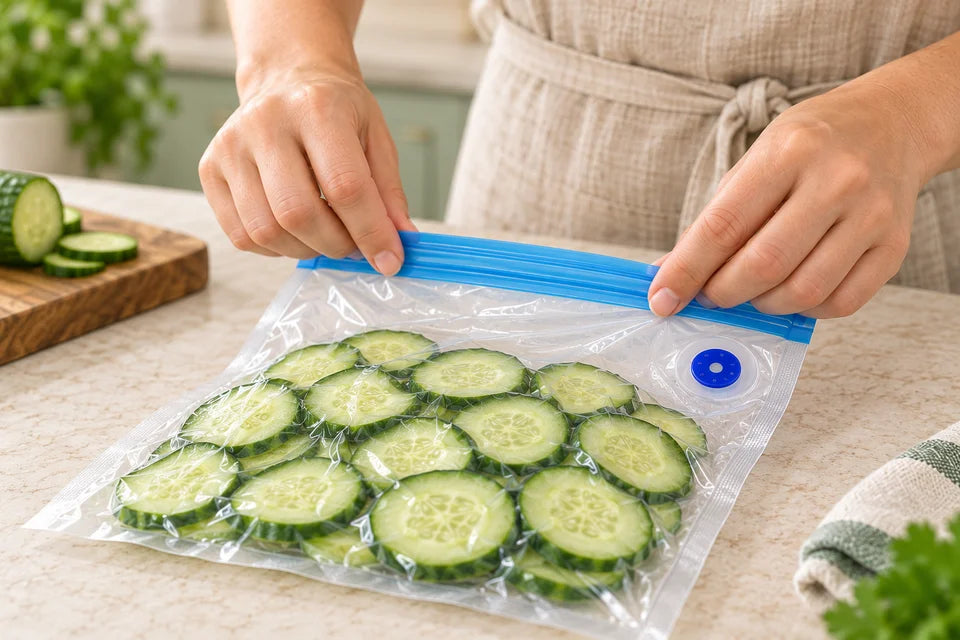 Hands pressing the blue zipper of a food vacuum bag closed